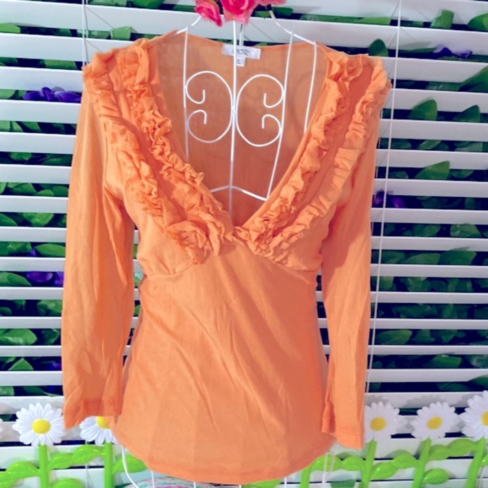 Cache light peachy orange nylon ruffle top